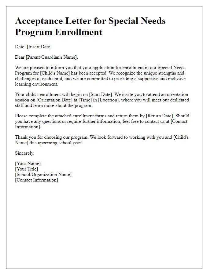 Letter template of acceptance for special needs program enrollment