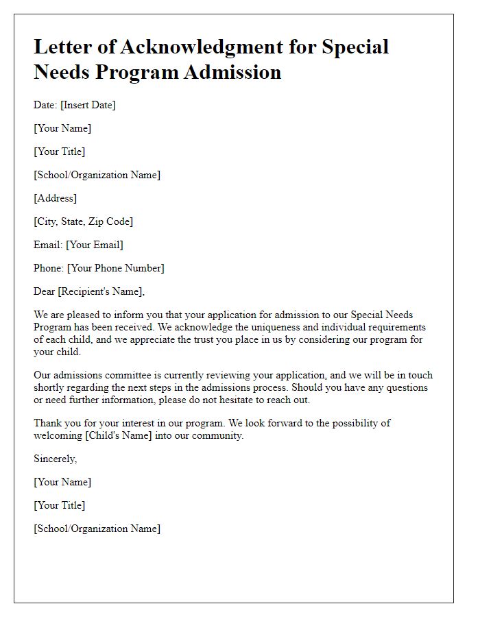 Letter template of acknowledgment for special needs program admission