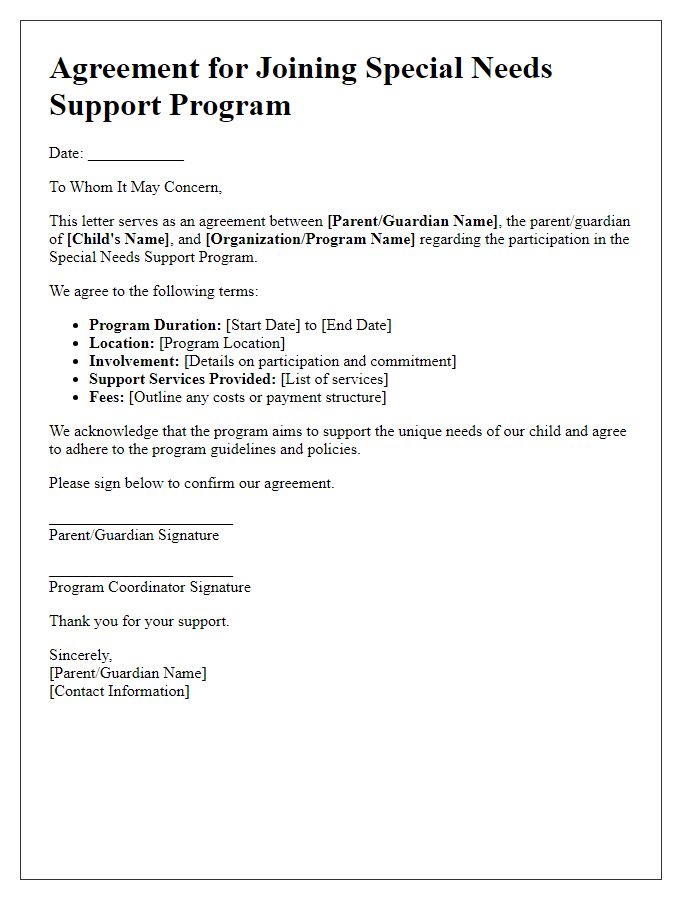 Letter template of agreement for joining special needs support program