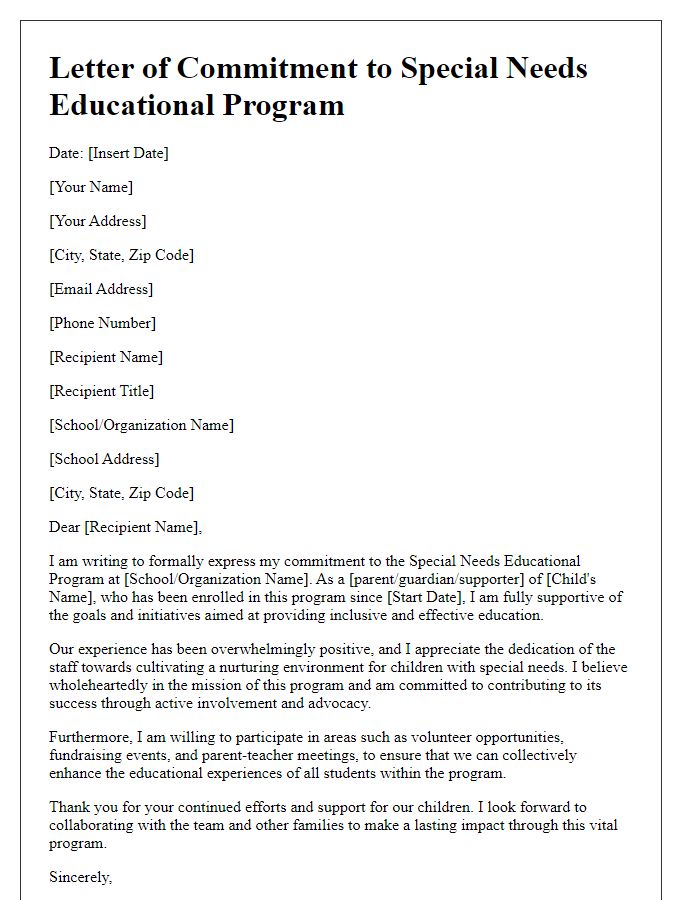 Letter template of commitment to special needs educational program