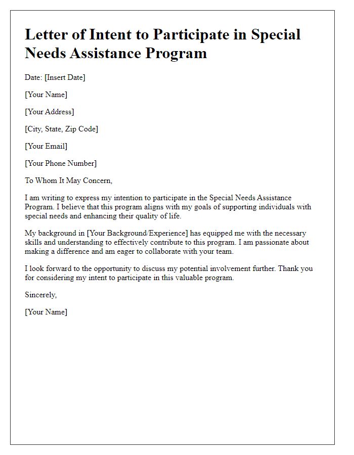 Letter template of intention to participate in special needs assistance program