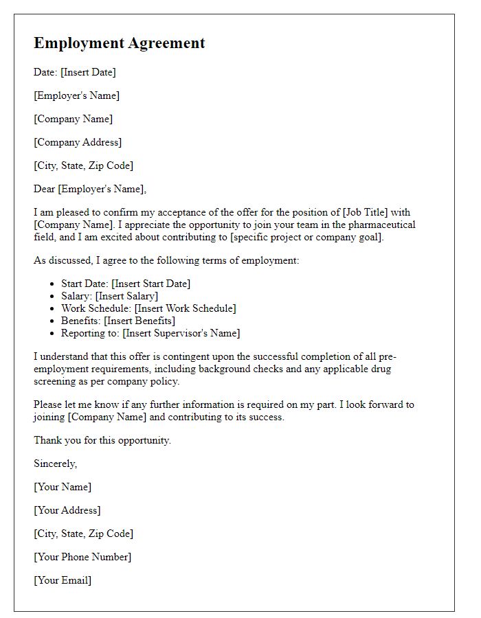 Letter template of agreeing to terms of employment in the pharmaceutical field