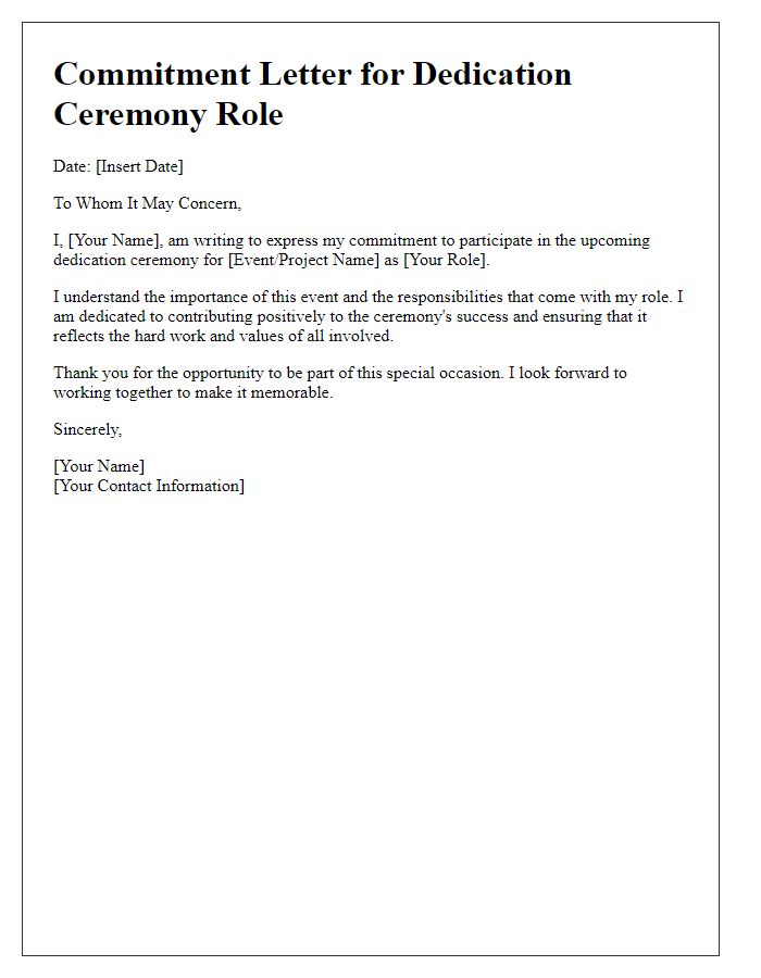 Letter template of commitment to dedication ceremony role