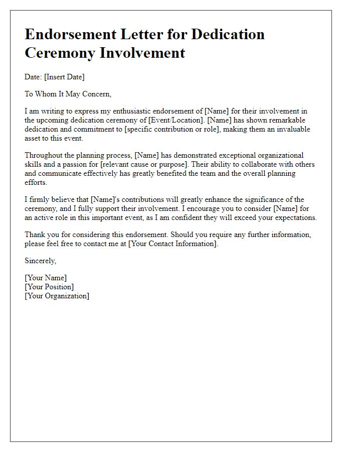 Letter template of endorsement for dedication ceremony involvement