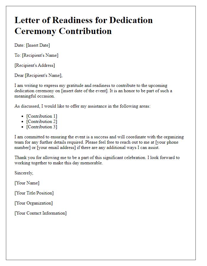 Letter template of readiness for dedication ceremony contribution