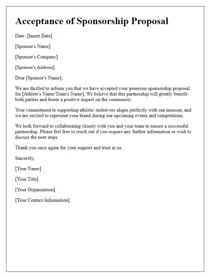 Letter template of acceptance for athletic sponsorship proposal