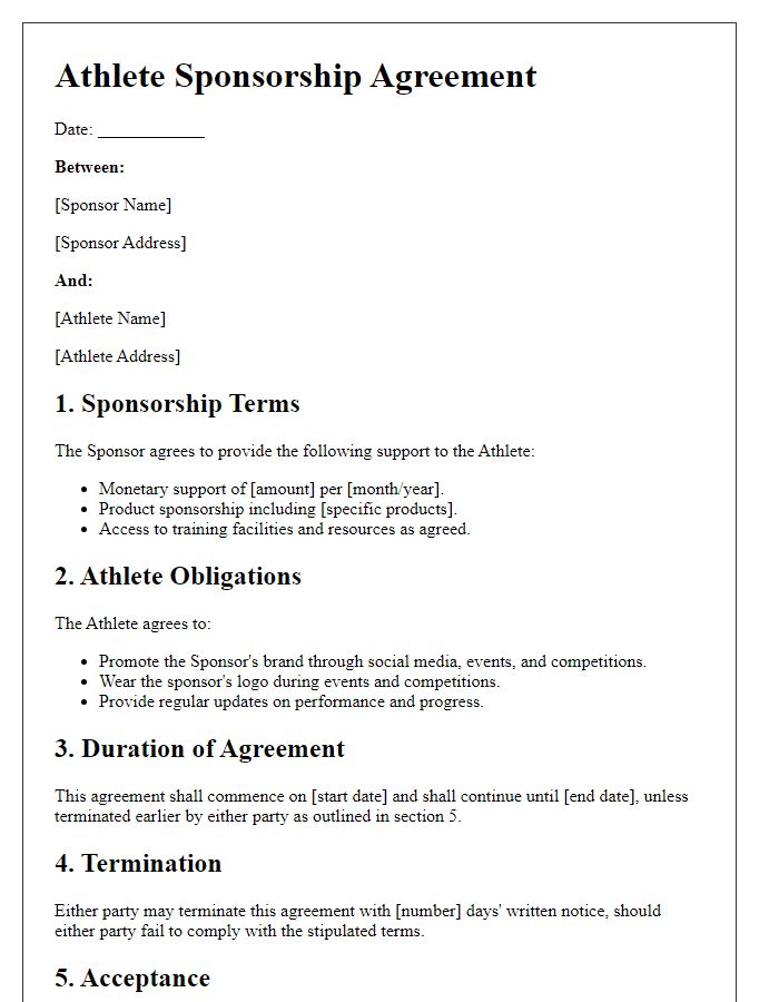 Letter template of agreement to athlete sponsorship terms