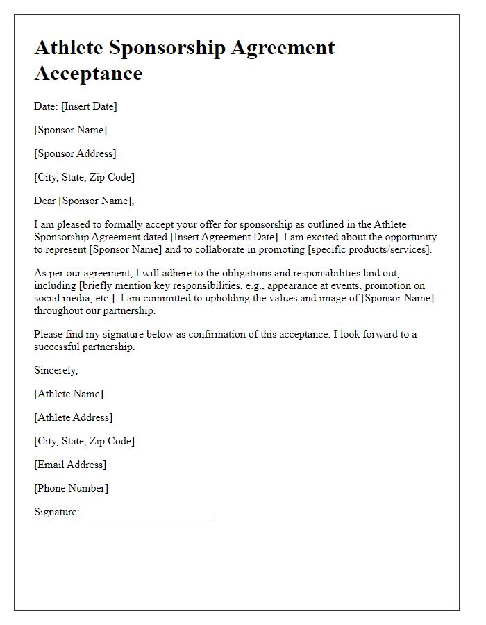 Letter template of athlete sponsorship agreement acceptance