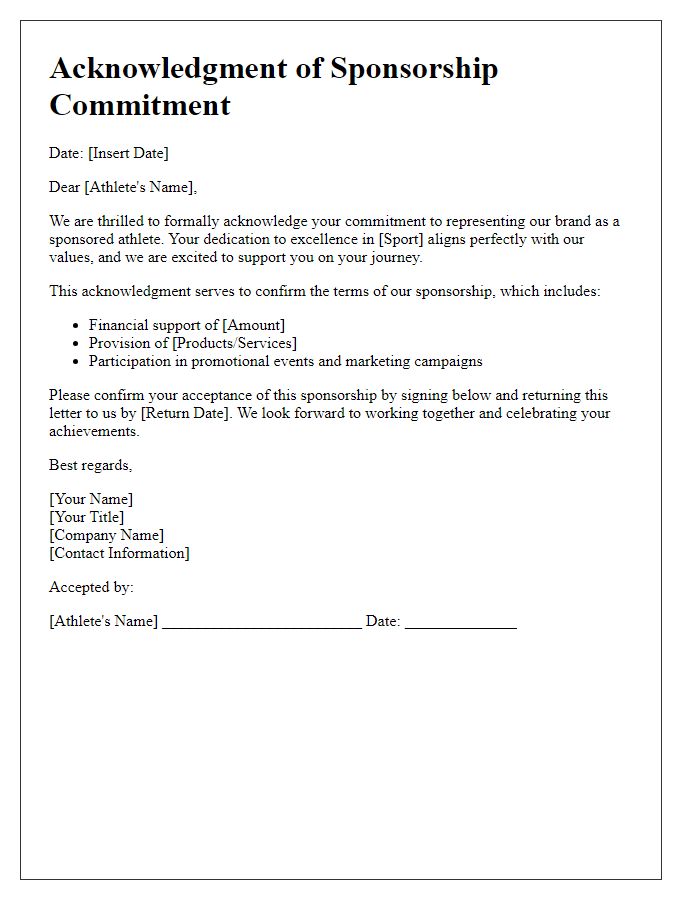 Letter template of athlete sponsorship commitment acknowledgment