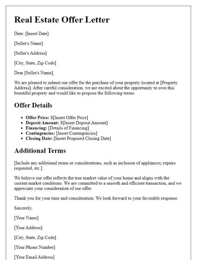 Letter template of detailed real estate offer letter