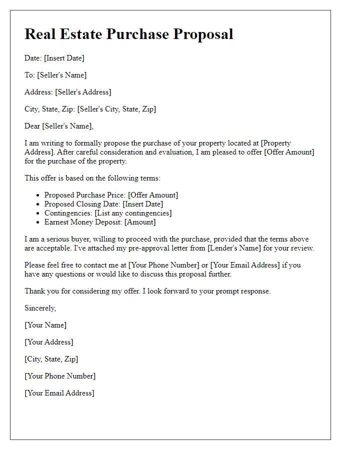 Letter template of formal real estate purchase proposal