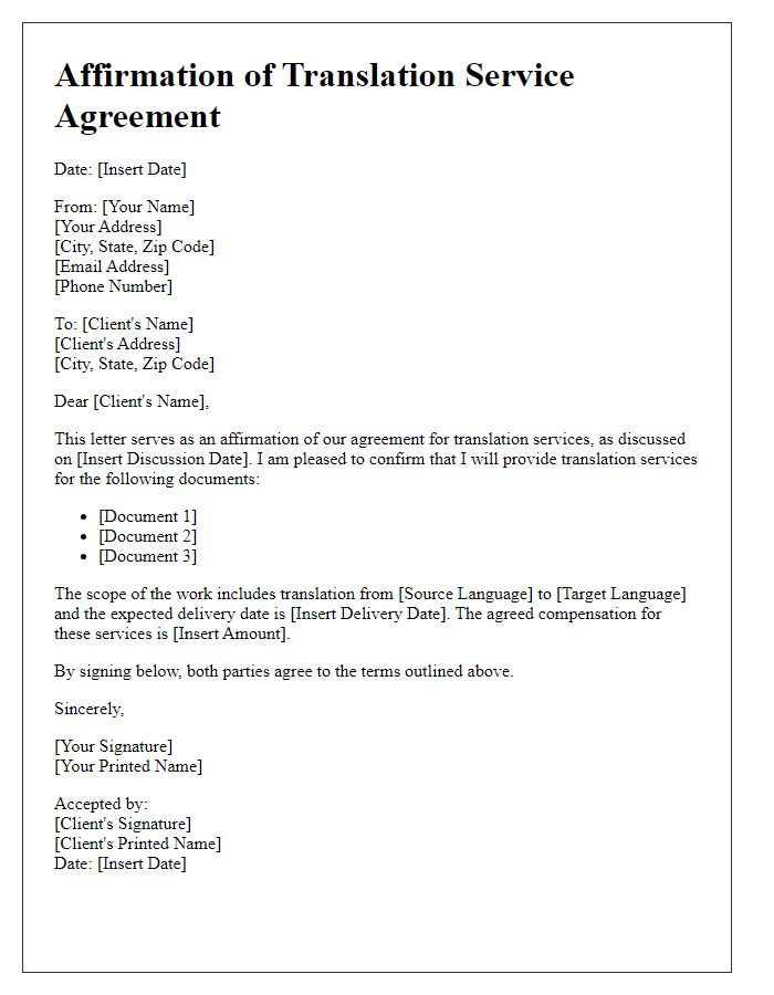 Letter template of affirmation of translation service agreement