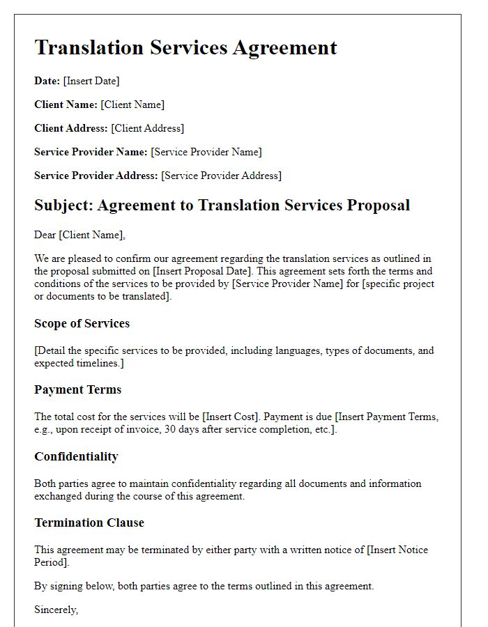 Letter template of agreement to translation services proposal