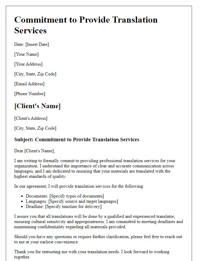 Letter template of commitment to provided translation services