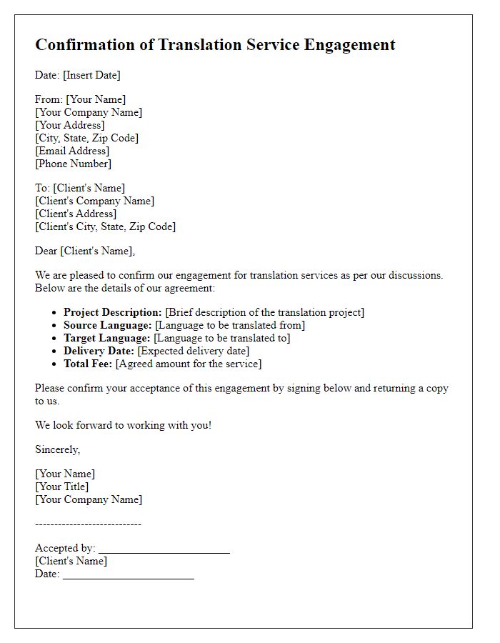 Letter template of confirmation for translation service engagement