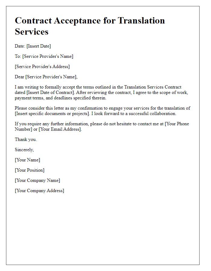 Letter template of translation services contract acceptance