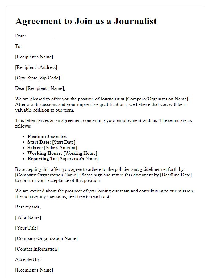 Letter template of agreement to join as a journalist.