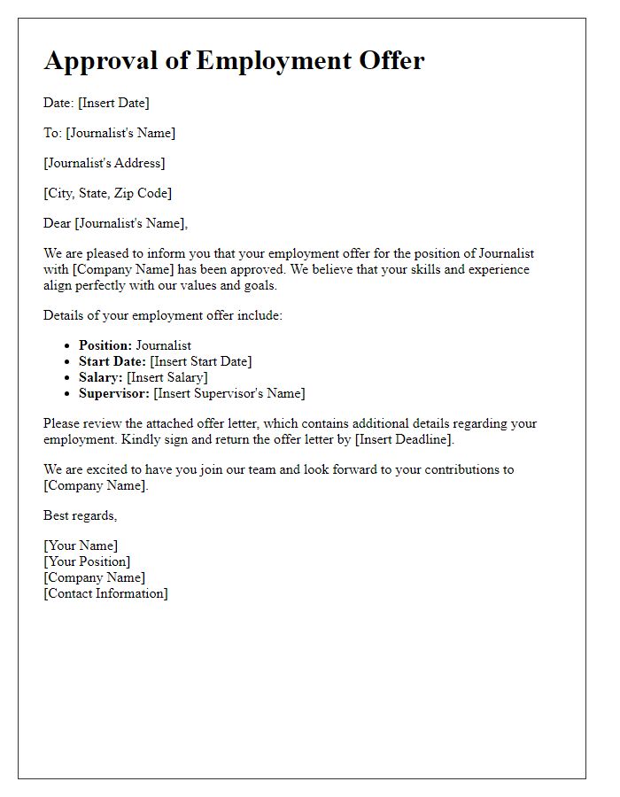 Letter template of approval for journalist employment offer.