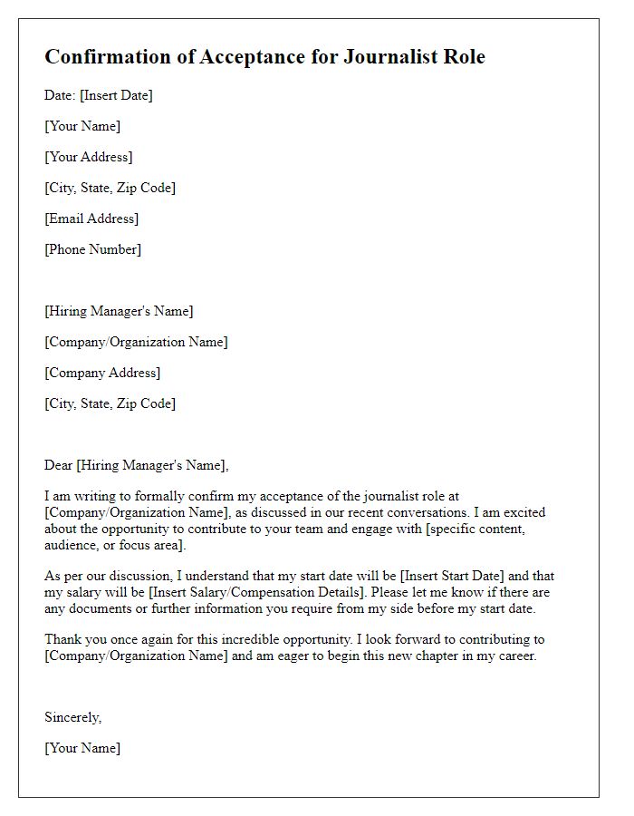 Letter template of confirmation for journalist role acceptance.