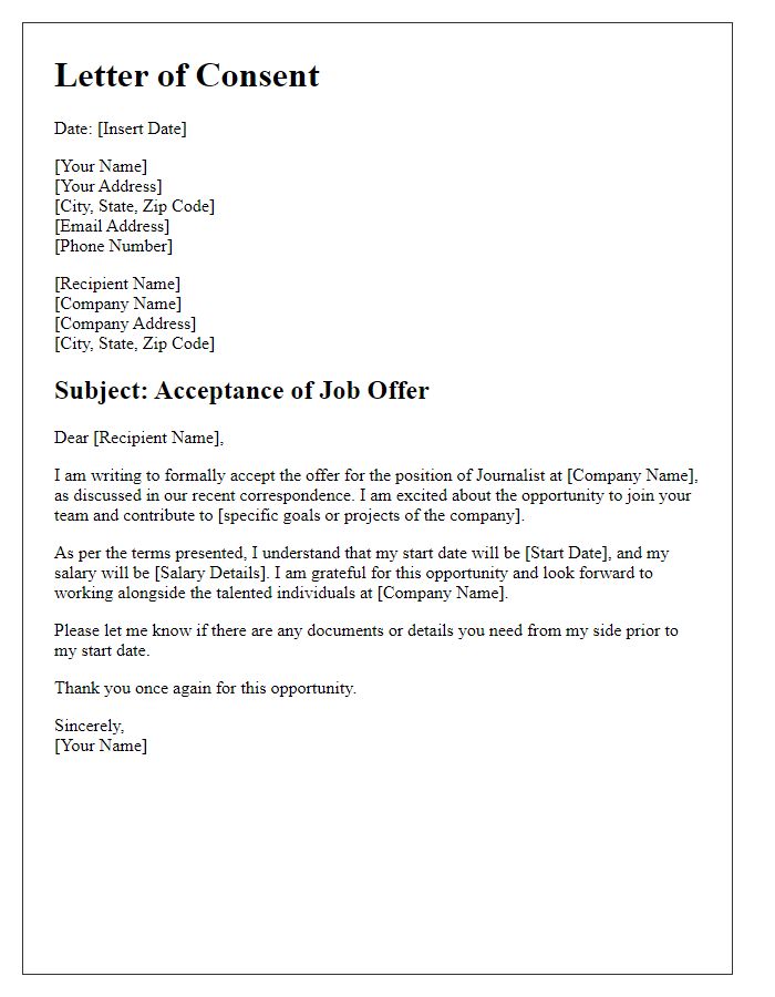 Letter template of consent to accept journalist job offer.