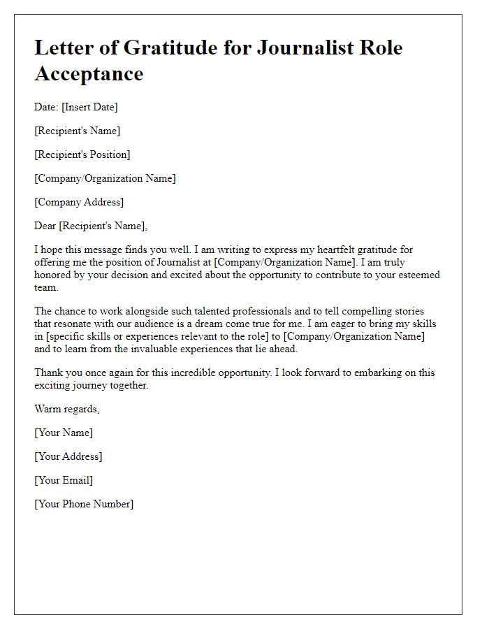 Letter template of gratitude for journalist role acceptance.