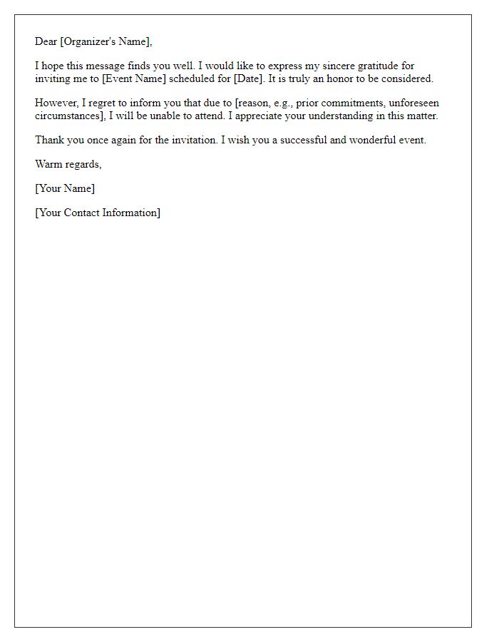 Letter template of courteous withdrawal from event invitation