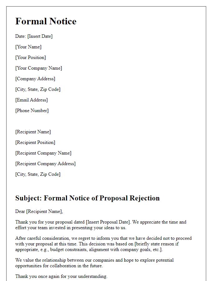 Letter template of formal notice for turning down business proposal