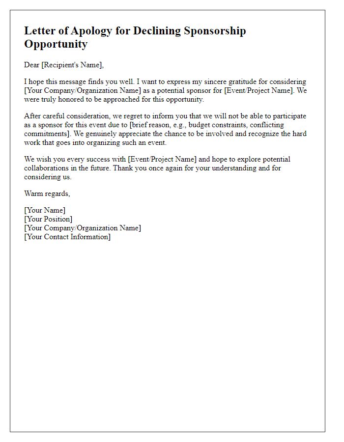 Letter template of gracious apology for declining sponsorship opportunity