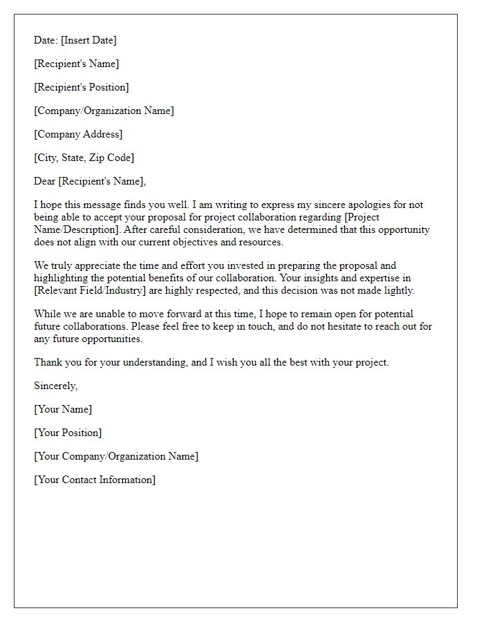 Letter template of professional apology for rejecting project collaboration