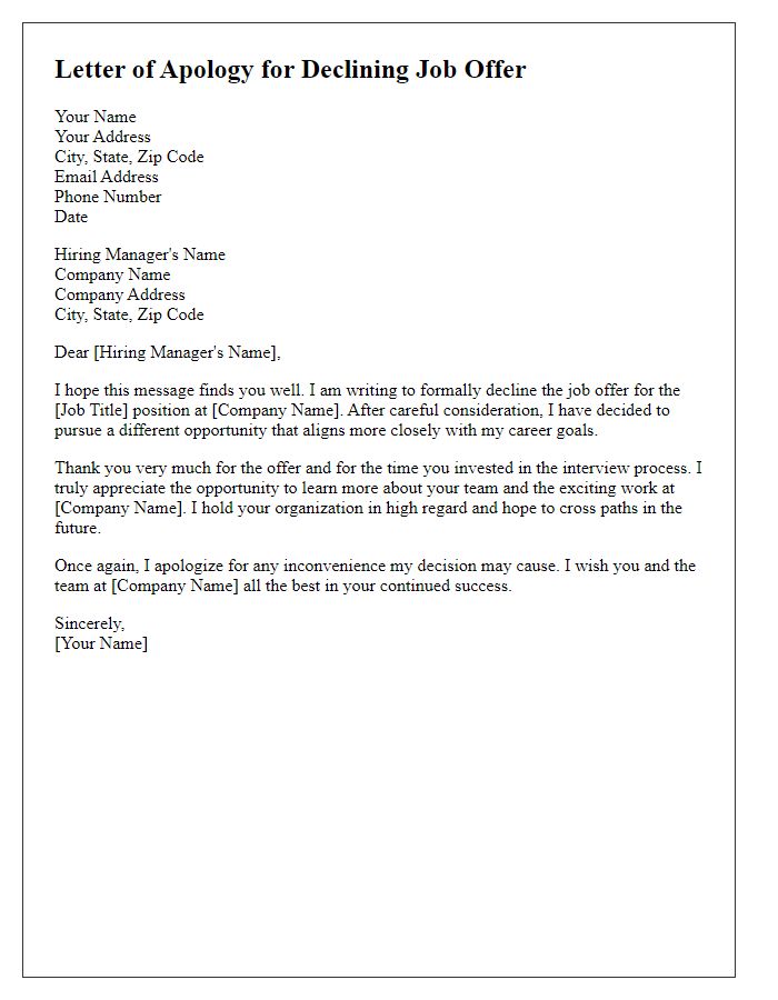 Letter template of sincere apology for declining job offer