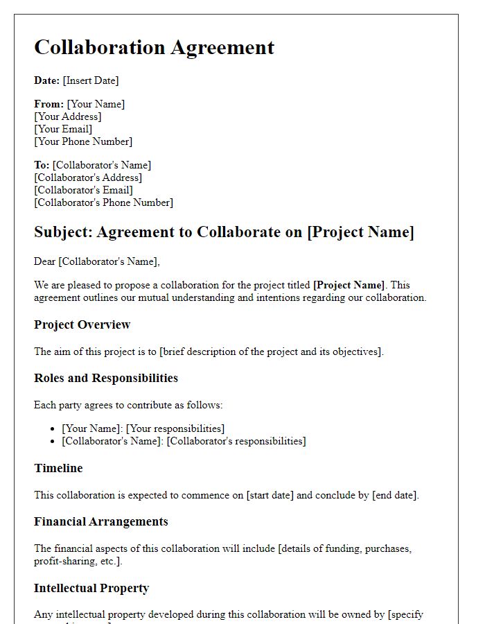 Letter template of agreement to collaborate on creative project