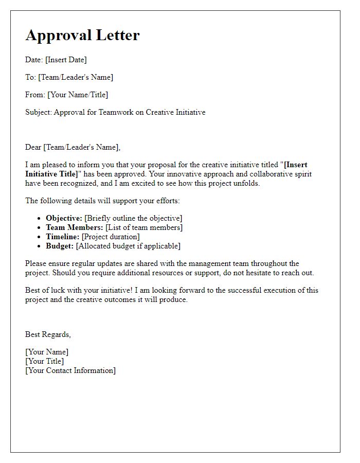 Letter template of approval for teamwork on creative initiative