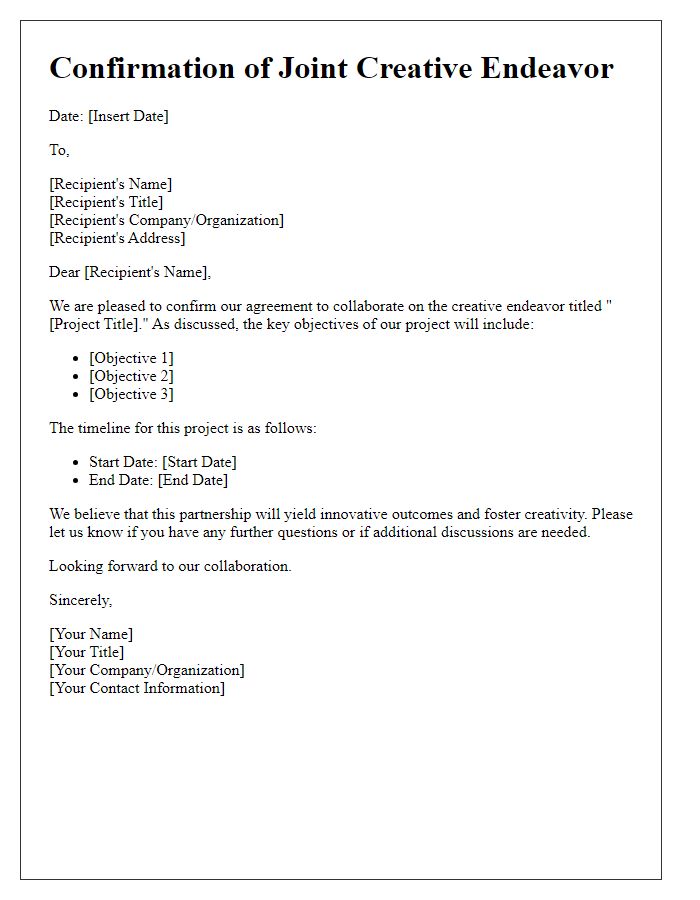 Letter template of confirmation for joint creative endeavor