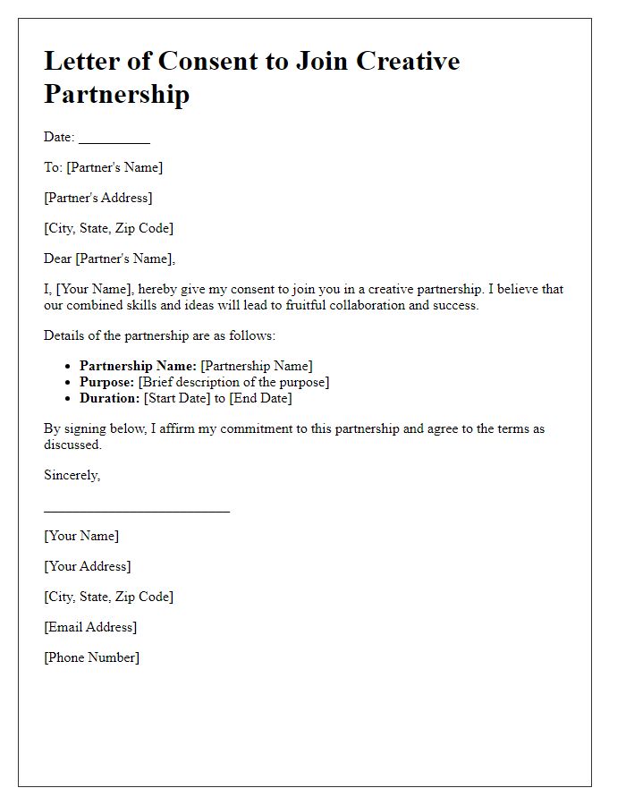 Letter template of consent to join creative partnership