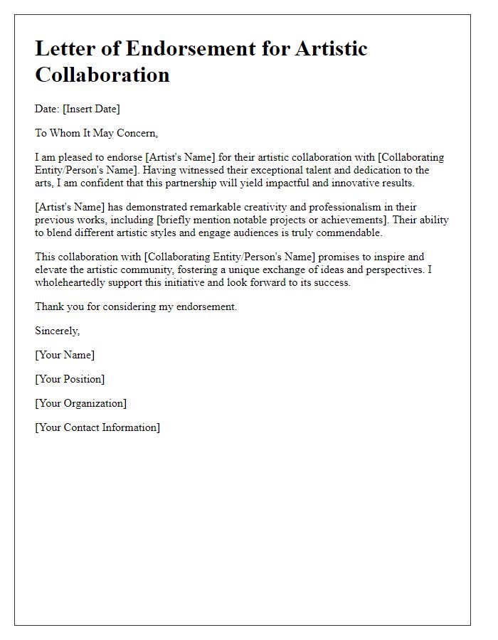 Letter template of endorsement for artistic collaboration