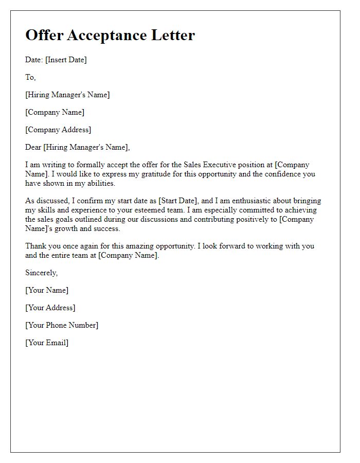 Letter template of Sales Executive Offer Acceptance - Commitment Highlighted