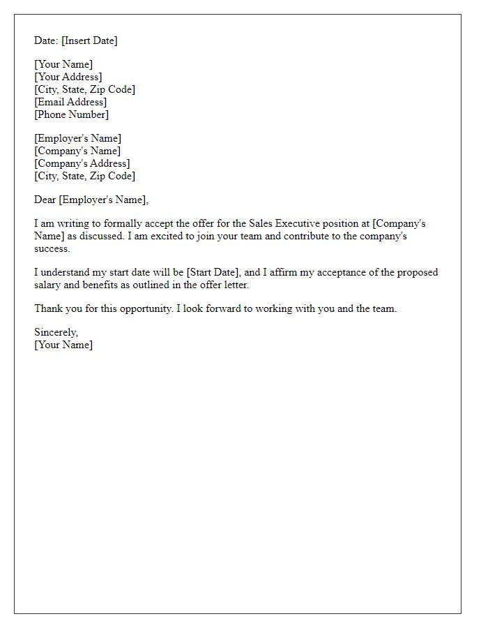 Letter template of Sales Executive Offer Acceptance - Concise Version