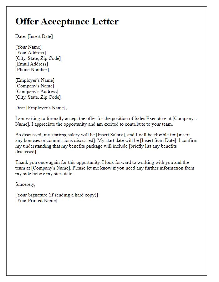 Letter template of Sales Executive Offer Acceptance - Detailed Confirmation