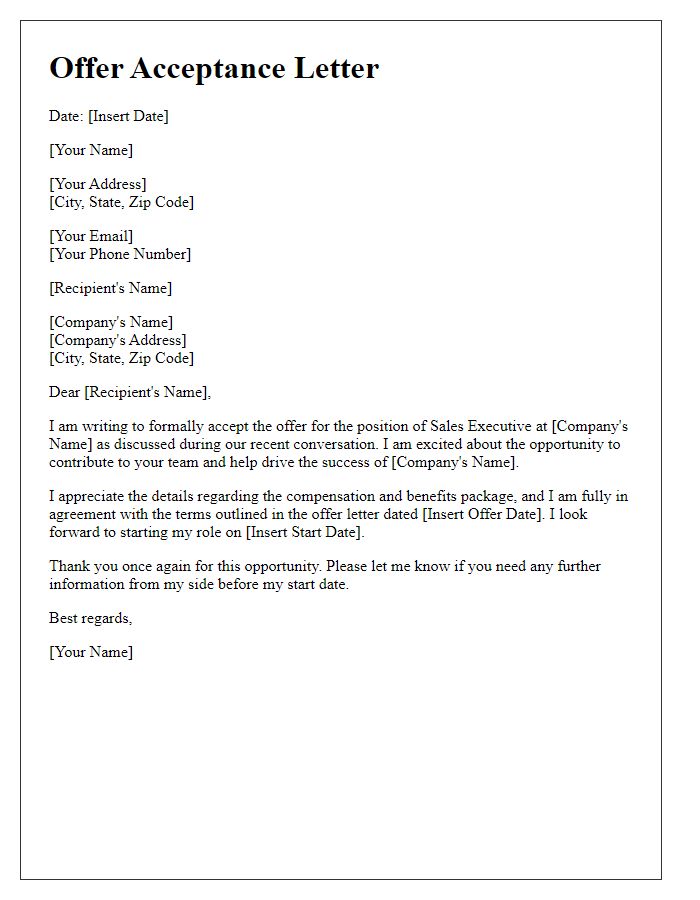 Letter template of Sales Executive Offer Acceptance - Formal Style