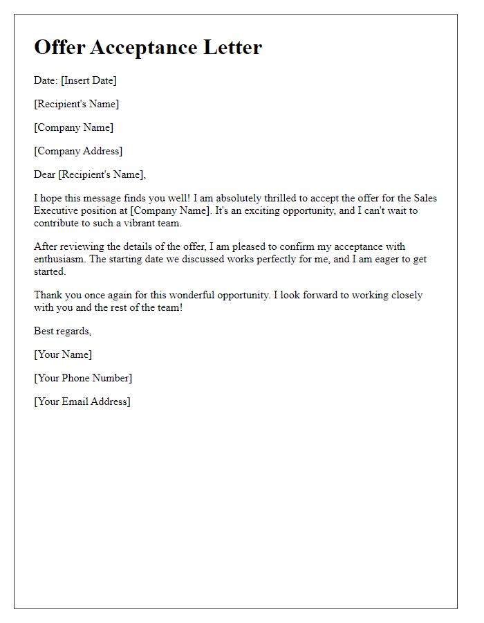 Letter template of Sales Executive Offer Acceptance - Friendly Language