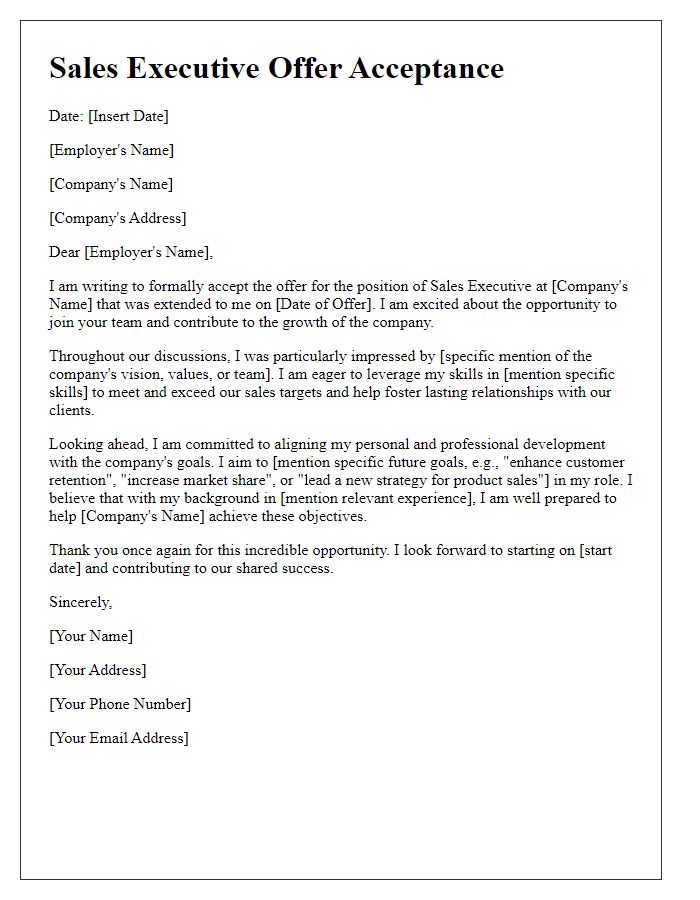 Letter template of Sales Executive Offer Acceptance - Future Goals Mentioned