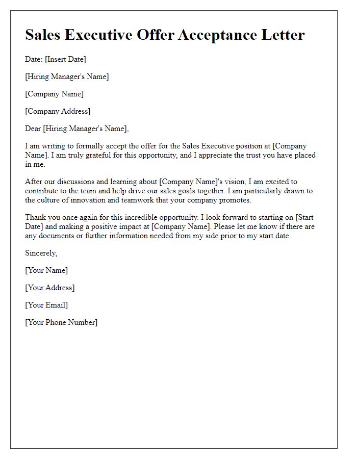 Letter template of Sales Executive Offer Acceptance - Gratitude Focused