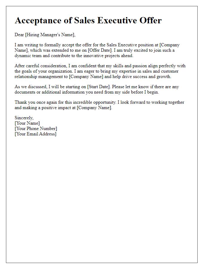 Letter template of Sales Executive Offer Acceptance - Personal Touch