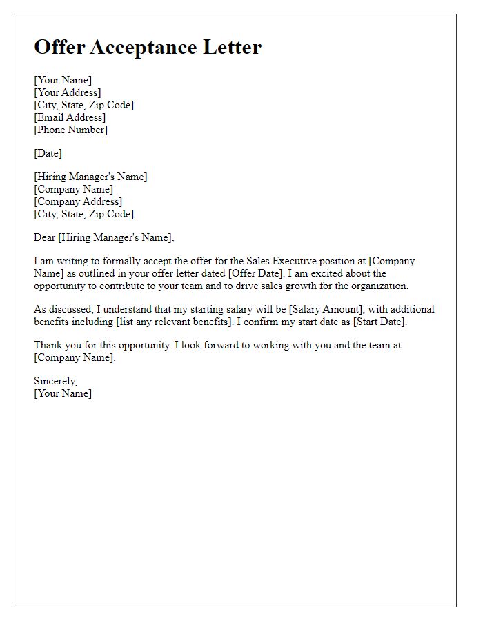 Letter template of Sales Executive Offer Acceptance - Professional Approach