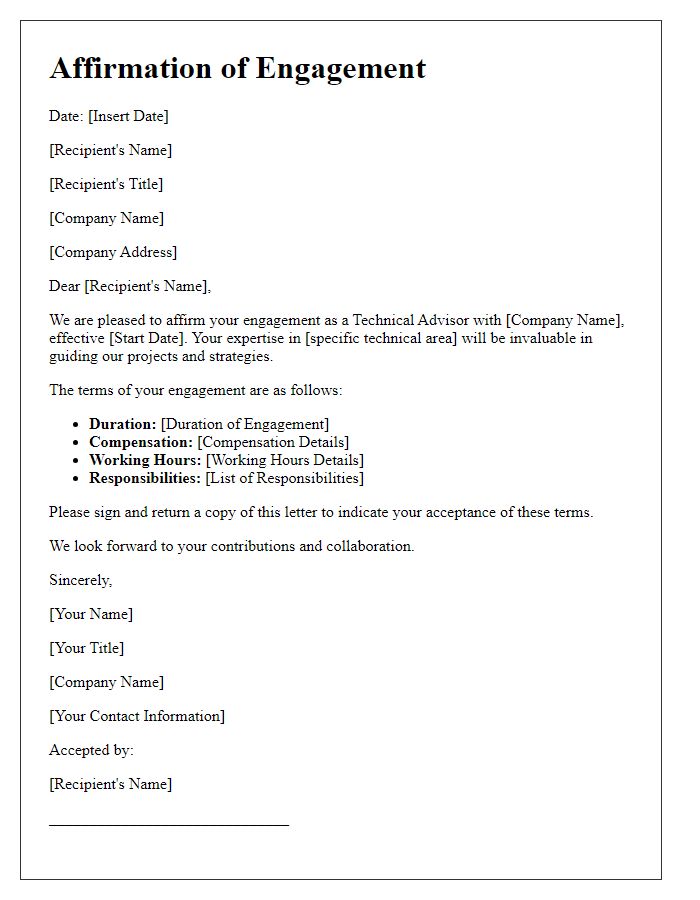 Letter template of affirmation for technical advisor engagement