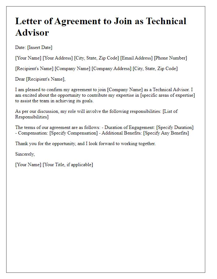 Letter template of agreement to join as a technical advisor