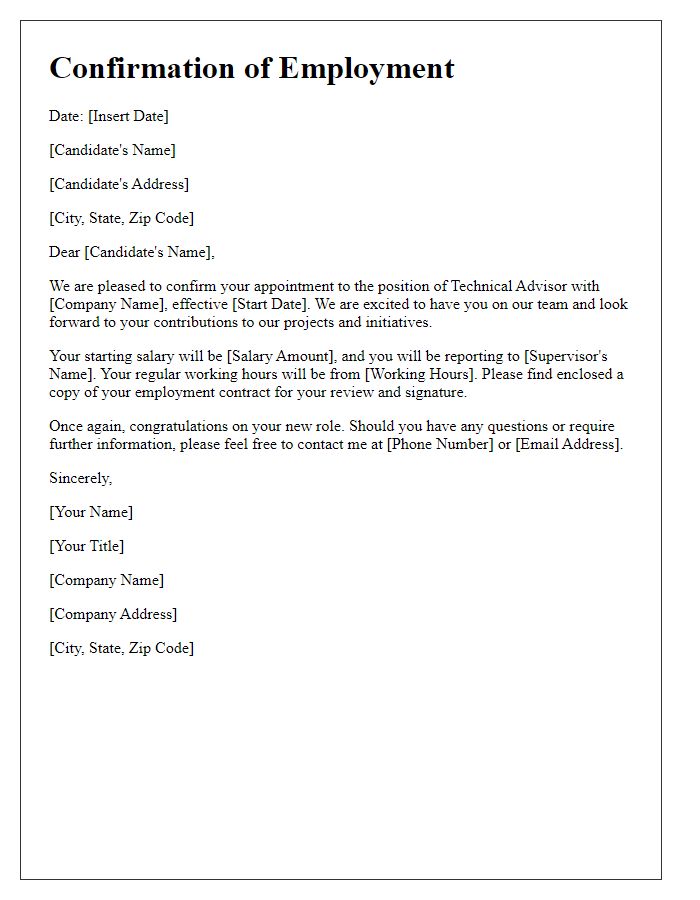 Letter template of confirmation for a technical advisor position