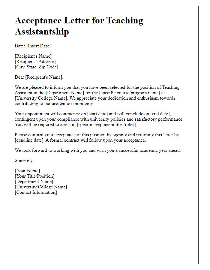 Letter template of acceptance letter for teaching assistantship