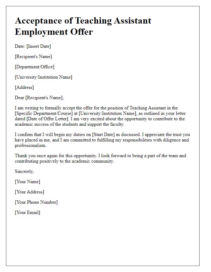 Letter template of acceptance of teaching assistant employment offer