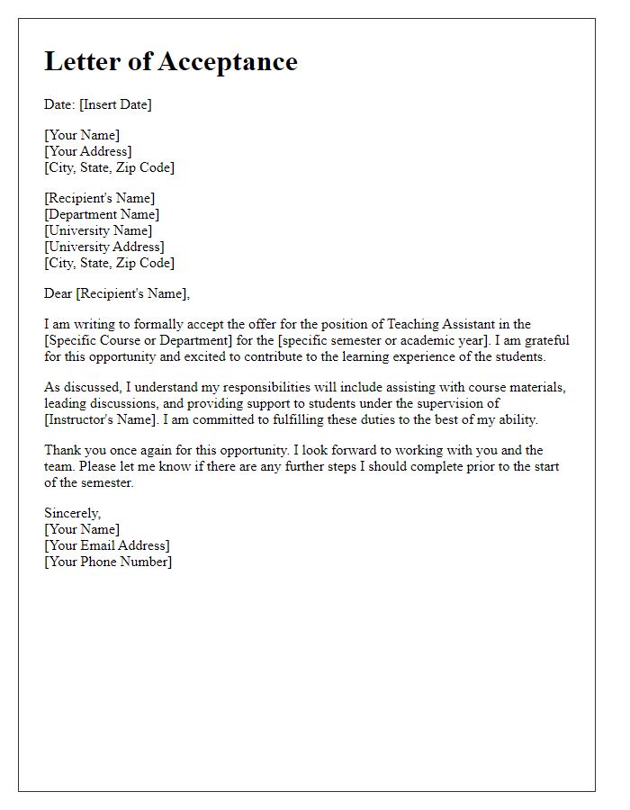 Letter template of agreeing to a teaching assistant offer